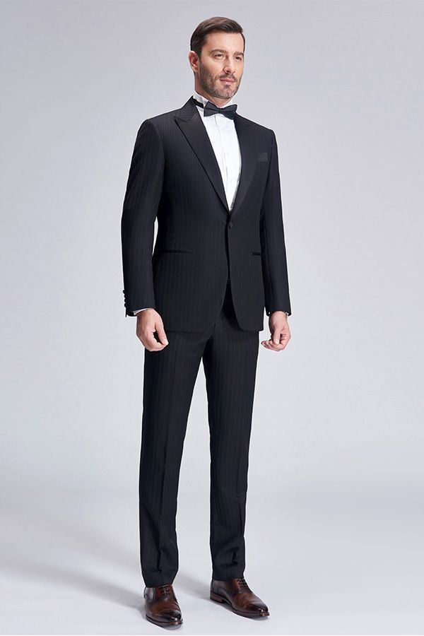 stylesnuggle made this Unique Silk Peak Lapel Black Mens Suits for Wedding, One Button Stripes Wedding Tuxedo with rush order service. Discover the design of this Black Stripe Single Breasted Peaked Lapel mens suits cheap for prom, wedding or formal business occasion.