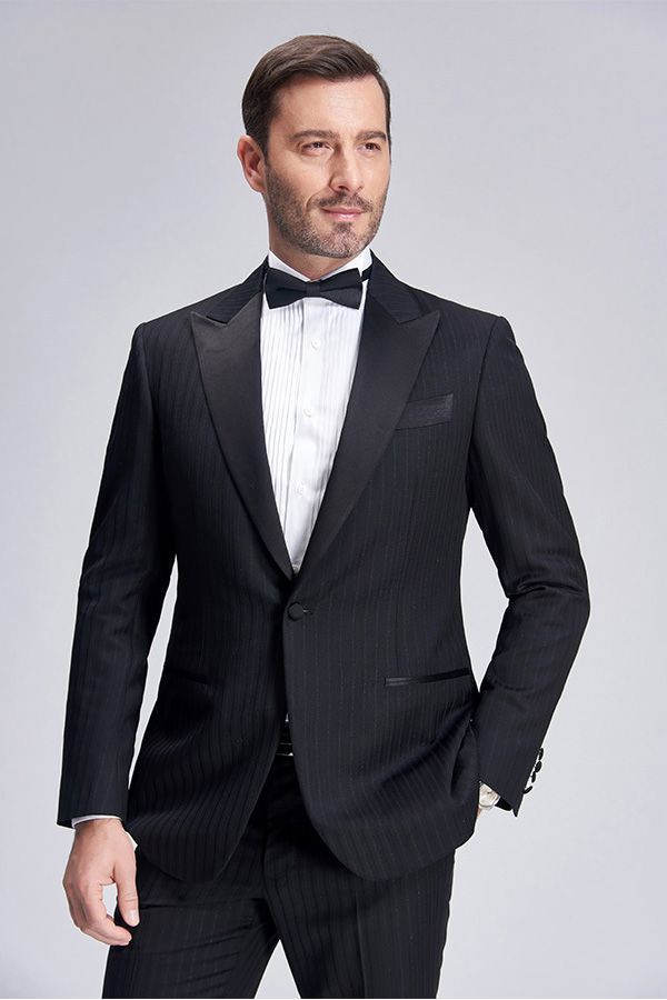 stylesnuggle made this Unique Silk Peak Lapel Black Mens Suits for Wedding, One Button Stripes Wedding Tuxedo with rush order service. Discover the design of this Black Stripe Single Breasted Peaked Lapel mens suits cheap for prom, wedding or formal business occasion.