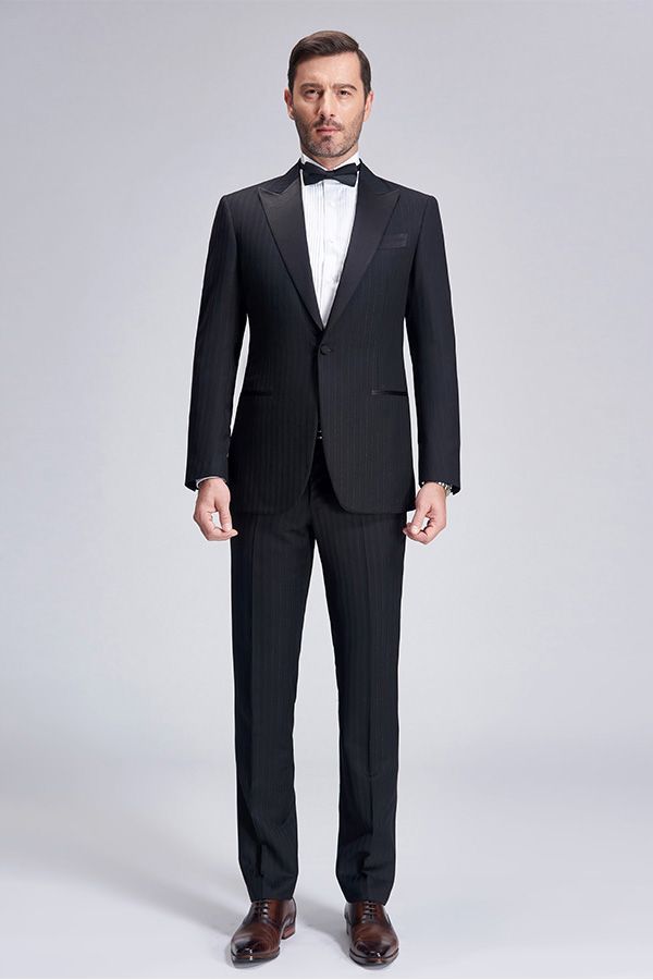 stylesnuggle made this Unique Silk Peak Lapel Black Mens Suits for Wedding, One Button Stripes Wedding Tuxedo with rush order service. Discover the design of this Black Stripe Single Breasted Peaked Lapel mens suits cheap for prom, wedding or formal business occasion.