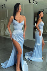 Unique Sky blue Stapless High-split sequined Prom Dress-stylesnuggle