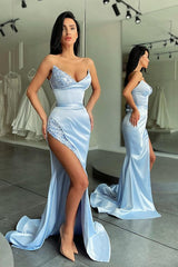 Unique Sky blue Stapless High-split sequined Prom Dress-stylesnuggle