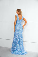 V-neck Appliques Lace Floor-length Sleeveless Open Back Mermaid Prom Dress-stylesnuggle