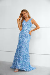 V-neck Appliques Lace Floor-length Sleeveless Open Back Mermaid Prom Dress-stylesnuggle