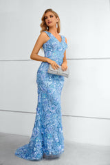 V-neck Appliques Lace Floor-length Sleeveless Open Back Mermaid Prom Dress-stylesnuggle