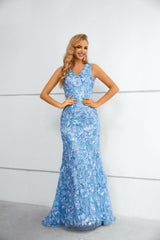 V-neck Appliques Lace Floor-length Sleeveless Open Back Mermaid Prom Dress-stylesnuggle