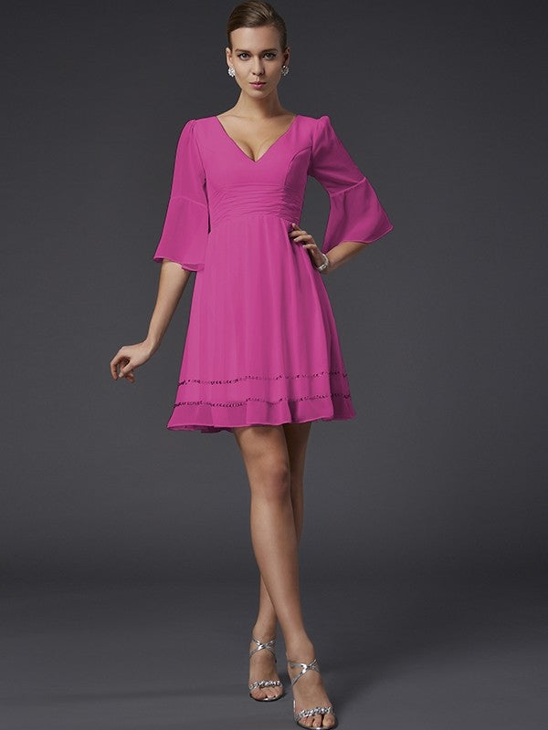 A-Line Charming V-neck 1/2 Sleeves Beading Short Chiffon Bridesmaid Dresses