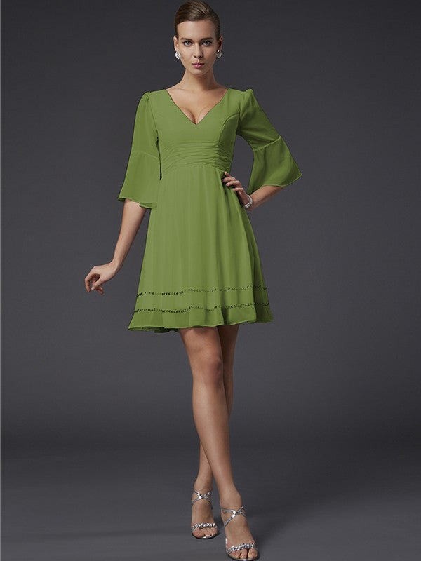 A-Line Charming V-neck 1/2 Sleeves Beading Short Chiffon Bridesmaid Dresses