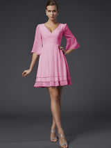 A-Line Charming V-neck 1/2 Sleeves Beading Short Chiffon Bridesmaid Dresses