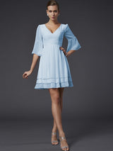 A-Line Charming V-neck 1/2 Sleeves Beading Short Chiffon Bridesmaid Dresses