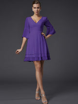 A-Line Charming V-neck 1/2 Sleeves Beading Short Chiffon Bridesmaid Dresses