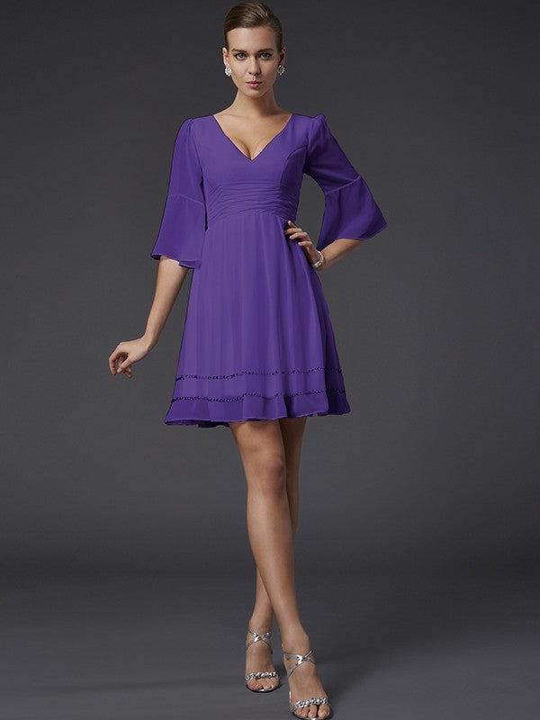 A-Line Charming V-neck 1/2 Sleeves Beading Short Chiffon Bridesmaid Dresses