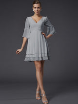 A-Line Charming V-neck 1/2 Sleeves Beading Short Chiffon Bridesmaid Dresses