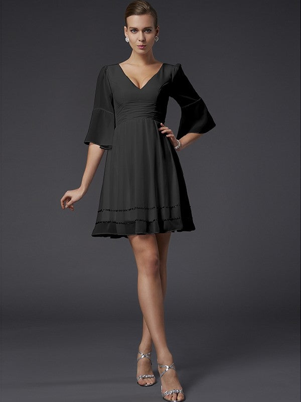 A-Line Charming V-neck 1/2 Sleeves Beading Short Chiffon Bridesmaid Dresses