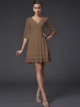 A-Line Charming V-neck 1/2 Sleeves Beading Short Chiffon Bridesmaid Dresses