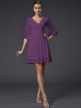 A-Line Charming V-neck 1/2 Sleeves Beading Short Chiffon Bridesmaid Dresses