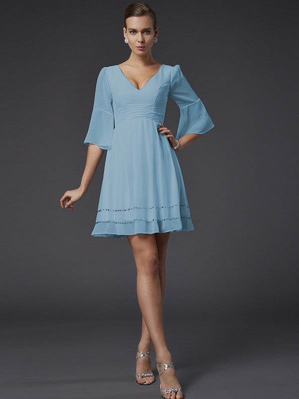 A-Line Charming V-neck 1/2 Sleeves Beading Short Chiffon Bridesmaid Dresses