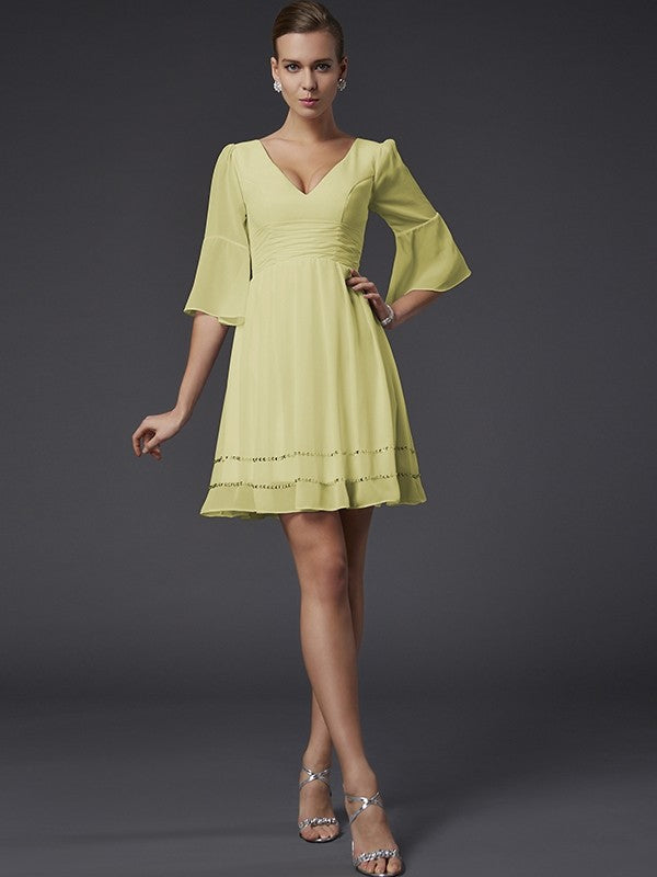 A-Line Charming V-neck 1/2 Sleeves Beading Short Chiffon Bridesmaid Dresses