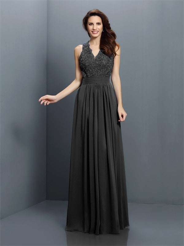 A-Line Charming V-neck Applique Sleeveless Long Chiffon Bridesmaid Dresses