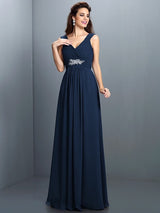 A-Line Charming V-neck Beading Pleats Sleeveless Long Chiffon Bridesmaid Dresses