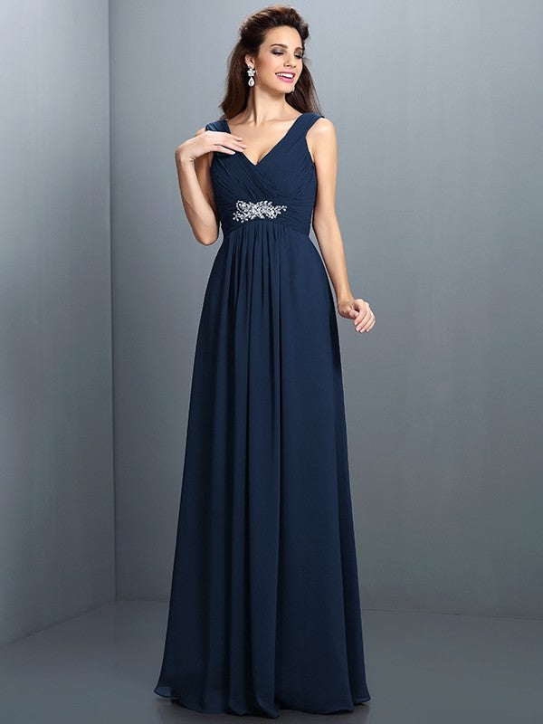 A-Line Charming V-neck Beading Pleats Sleeveless Long Chiffon Bridesmaid Dresses