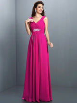 A-Line Charming V-neck Beading Pleats Sleeveless Long Chiffon Bridesmaid Dresses