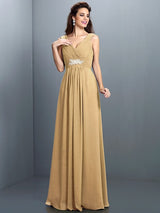 A-Line Charming V-neck Beading Pleats Sleeveless Long Chiffon Bridesmaid Dresses