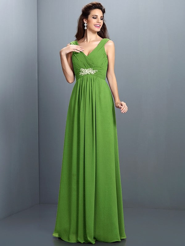 A-Line Charming V-neck Beading Pleats Sleeveless Long Chiffon Bridesmaid Dresses