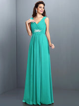 A-Line Charming V-neck Beading Pleats Sleeveless Long Chiffon Bridesmaid Dresses