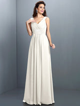 A-Line Charming V-neck Beading Pleats Sleeveless Long Chiffon Bridesmaid Dresses