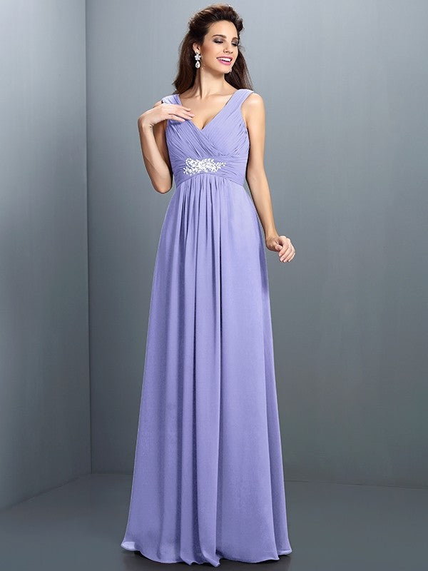 A-Line Charming V-neck Beading Pleats Sleeveless Long Chiffon Bridesmaid Dresses