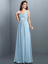 A-Line Charming V-neck Beading Pleats Sleeveless Long Chiffon Bridesmaid Dresses