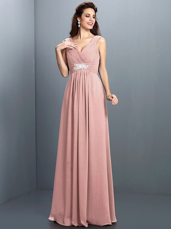 A-Line Charming V-neck Beading Pleats Sleeveless Long Chiffon Bridesmaid Dresses