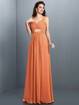 A-Line Charming V-neck Beading Pleats Sleeveless Long Chiffon Bridesmaid Dresses