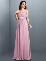 A-Line Charming V-neck Beading Pleats Sleeveless Long Chiffon Bridesmaid Dresses