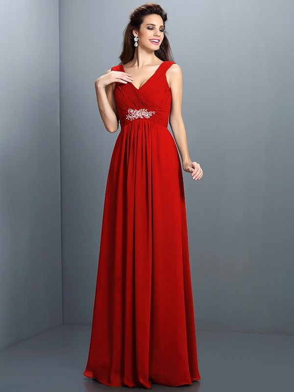 A-Line Charming V-neck Beading Pleats Sleeveless Long Chiffon Bridesmaid Dresses