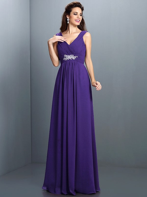 A-Line Charming V-neck Beading Pleats Sleeveless Long Chiffon Bridesmaid Dresses