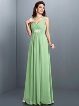 A-Line Charming V-neck Beading Pleats Sleeveless Long Chiffon Bridesmaid Dresses