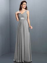 A-Line Charming V-neck Beading Pleats Sleeveless Long Chiffon Bridesmaid Dresses