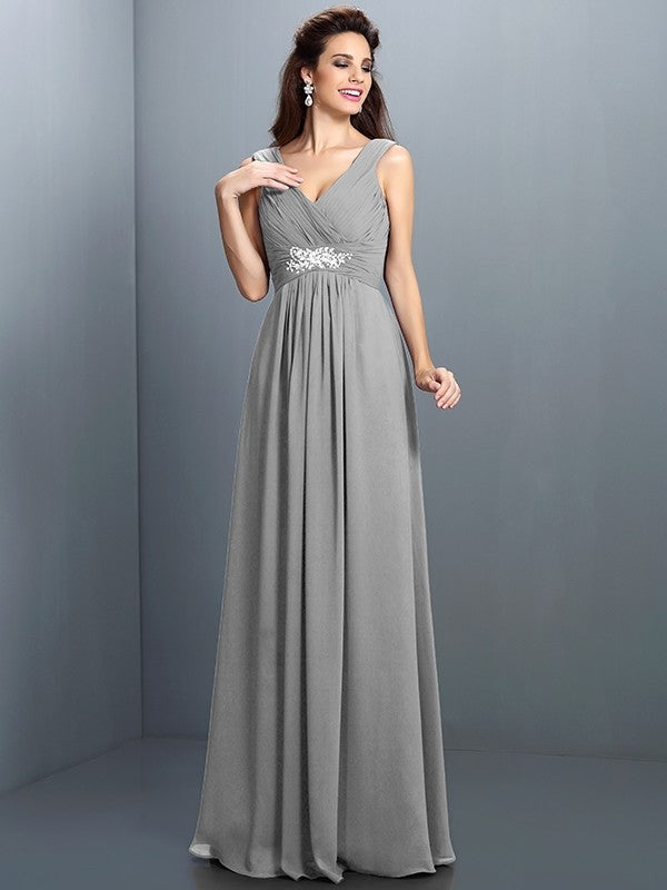 A-Line Charming V-neck Beading Pleats Sleeveless Long Chiffon Bridesmaid Dresses