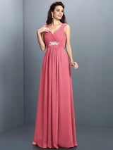 A-Line Charming V-neck Beading Pleats Sleeveless Long Chiffon Bridesmaid Dresses