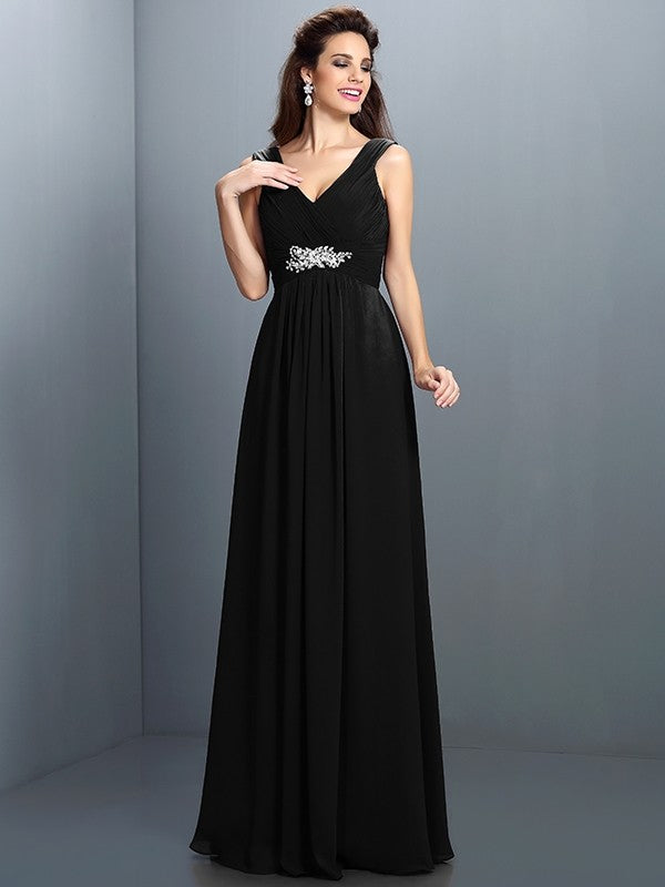 A-Line Charming V-neck Beading Pleats Sleeveless Long Chiffon Bridesmaid Dresses