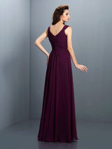 A-Line Charming V-neck Beading Pleats Sleeveless Long Chiffon Bridesmaid Dresses