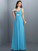 A-Line Charming V-neck Beading Pleats Sleeveless Long Chiffon Bridesmaid Dresses