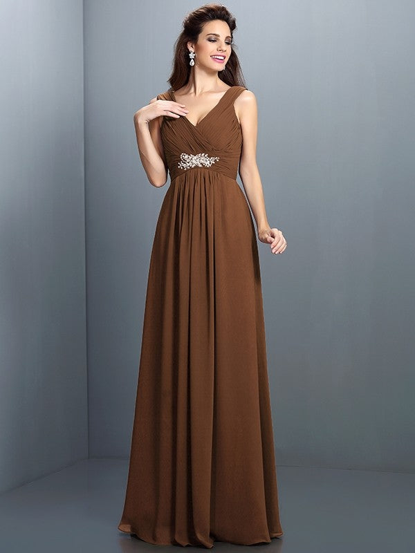 A-Line Charming V-neck Beading Pleats Sleeveless Long Chiffon Bridesmaid Dresses