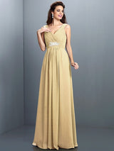 A-Line Charming V-neck Beading Pleats Sleeveless Long Chiffon Bridesmaid Dresses