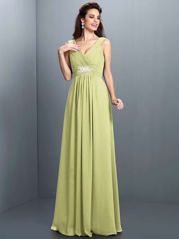 A-Line Charming V-neck Beading Pleats Sleeveless Long Chiffon Bridesmaid Dresses