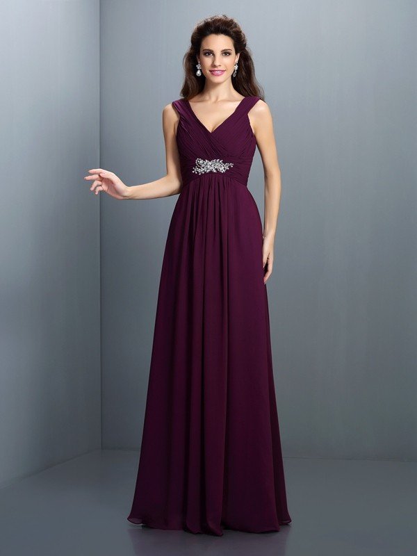 V-Neck Elegant Beading Pleats Sleeveless Long Chiffon Bridesmaid Dresses