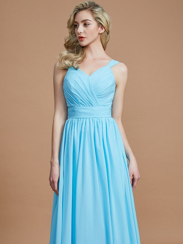 A-Line Charming V-neck Chiffon Sleeveless Bridesmaid Dresses