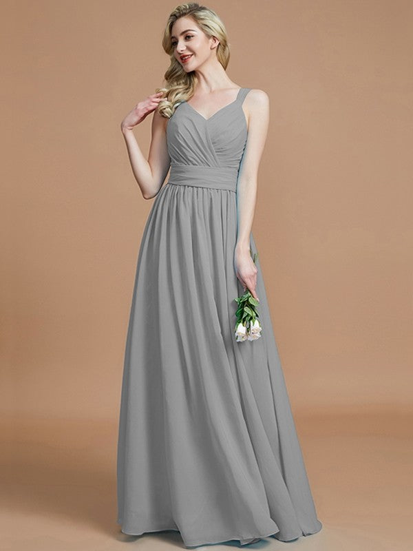 A-Line Charming V-neck Chiffon Sleeveless Bridesmaid Dresses