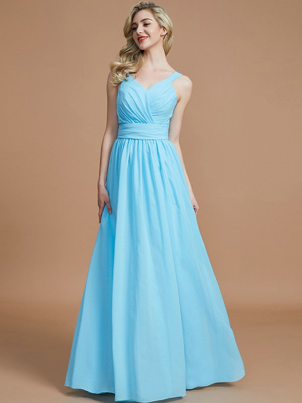 A-Line Charming V-neck Chiffon Sleeveless Bridesmaid Dresses